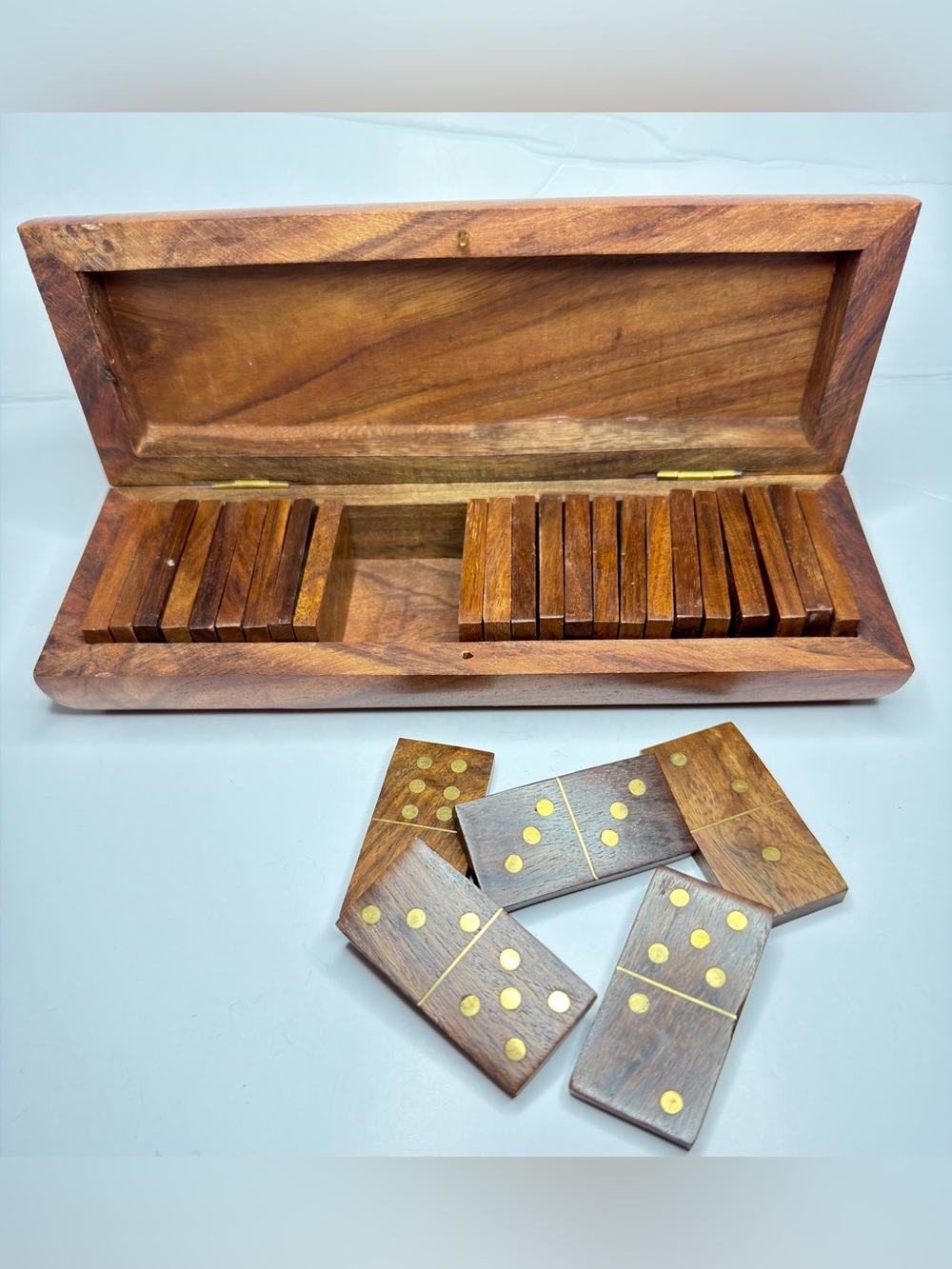 Handmade Domino Set: Handmade Mango Wood Dominos with Brass Inlays
